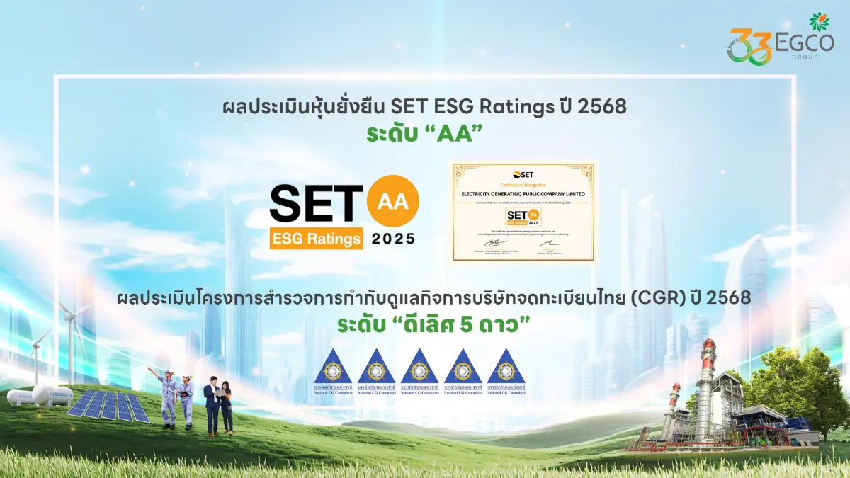 EGCO Group คว้า 2 ผลการประเมินความยั่งยืน สะท้อนการดำเนินธุรกิจของบริษัทฯ ตามกรอบ ESG