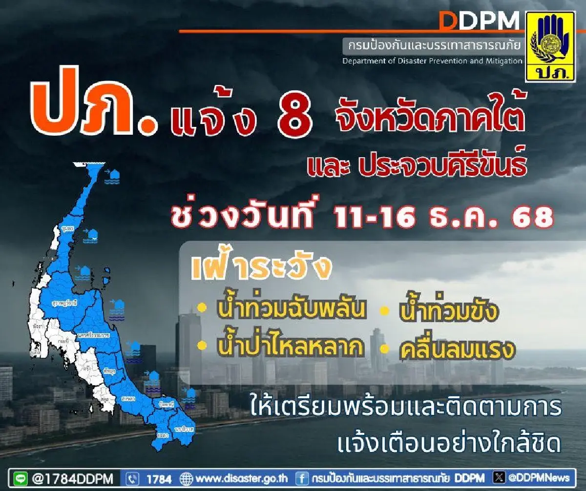 เช็กด่วน 9 จังหวัด! ปภ. ชี้จุดเฝ้าระวัง 'น้ำท่วมฉับพลัน' 11 - 16 ธ.ค.