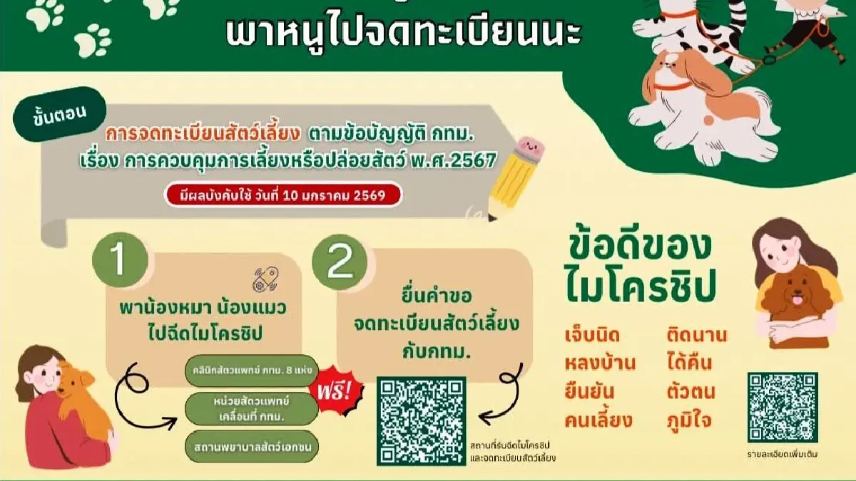 รวมทุกข้อสงสัย 'กฎหมายควบคุมฯ' สัตว์เลี้ยง กทม. 'รีบฝังชิป-จดแจ้ง' มีผล 10 ม.ค. 69