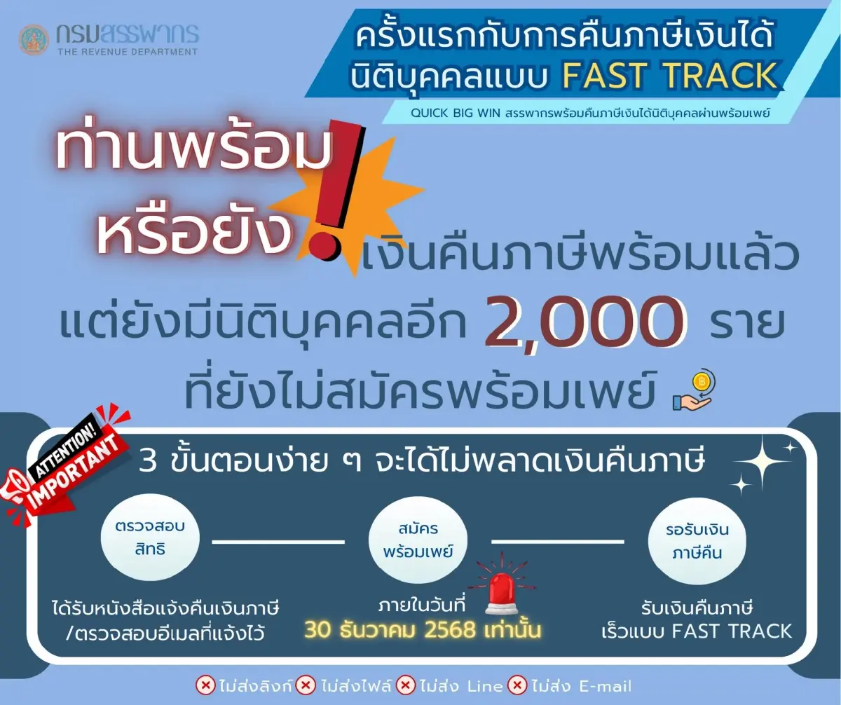 สรรพากรเร่งสมัคร PromptPay รับเงินคืนภาษี Fast Track ก่อนเดดไลน์