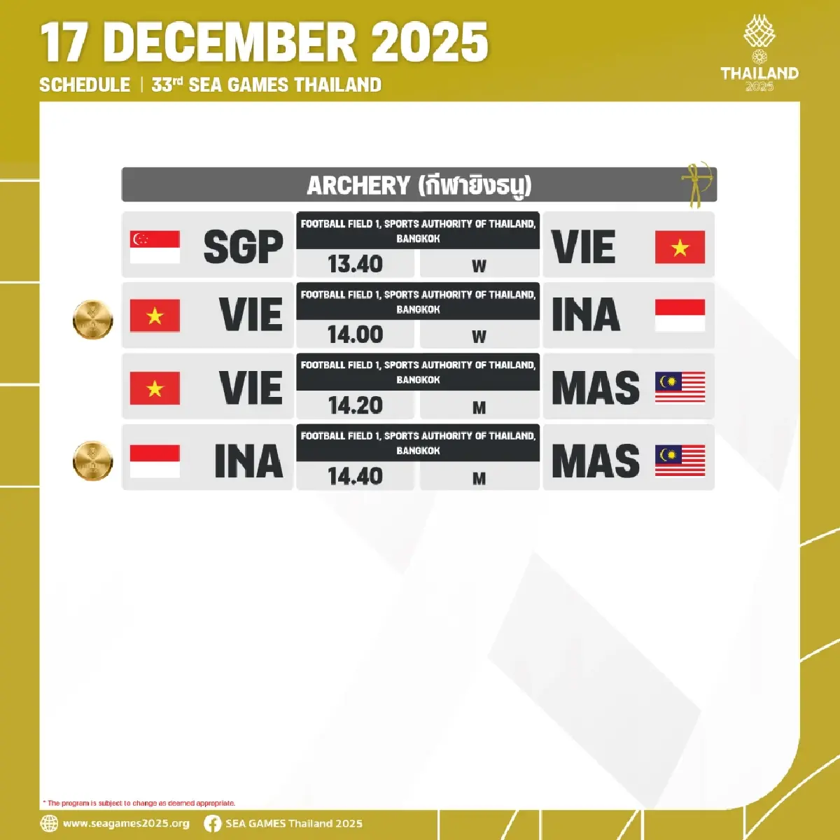 สรุปเหรียญทองซีเกมส์ 2025 (17 ธ.ค.68) โปรแกรมแข่งวันนี้ SEA Games