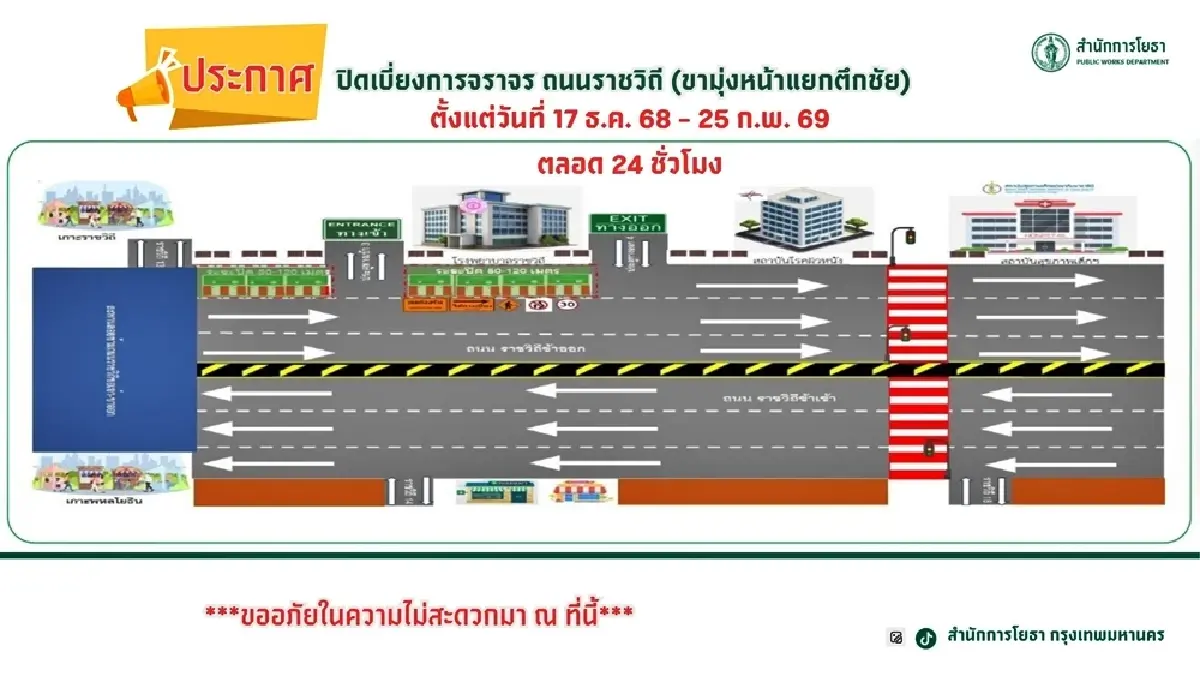 เริ่มพรุ่งนี้! ปิดเบี่ยงจราจร ถนนราชวิถี มุ่งหน้าแยกตึกชัย 17 ธ.ค. 68 - 25 ก.พ. 69