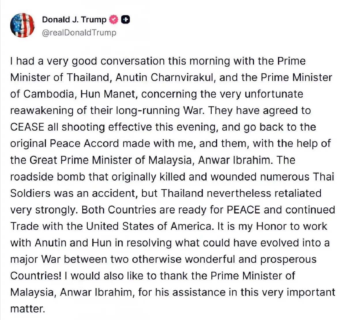 ทรัมป์เผยผู้นำไทย-กัมพูชาตกลงหยุดยิงกันรอบใหม่ หลังยกหูคุย