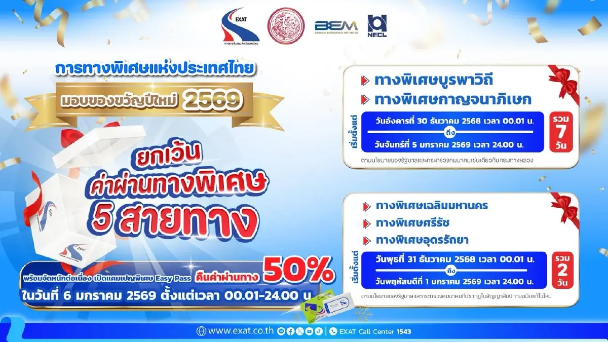 ขึ้นทางด่วนฟรี ปีใหม่ 2569 วิ่งฟรีวันหยุด พร้อมคืนเงินให้ 50%
