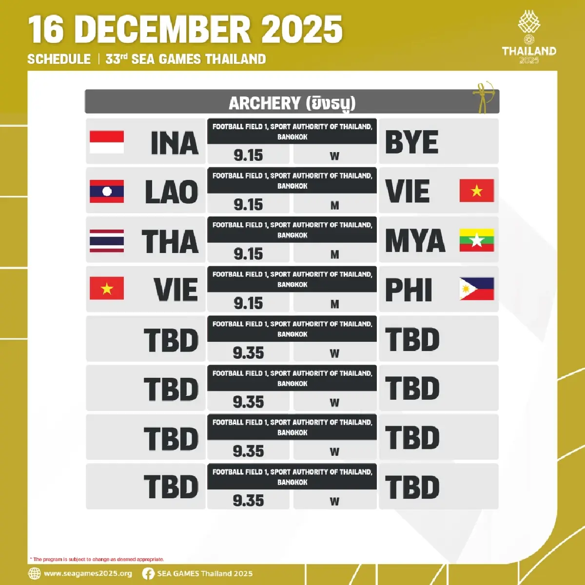 สรุปเหรียญทองซีเกมส์ 2025 (16 ธ.ค.68) ดูโปรแกรมแข่ง SEA Games 2025
