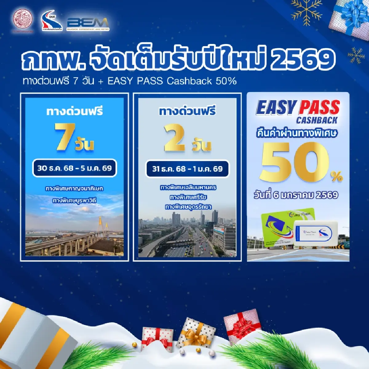 เช็ก! กทพ. มอบของขวัญปีใหม่ 2569 ทางด่วนวิ่งฟรี 7 วัน - EASY PASS Cashback 50%