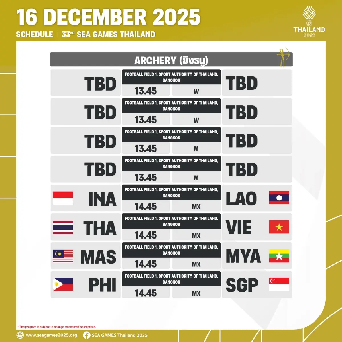 สรุปเหรียญทองซีเกมส์ 2025 (16 ธ.ค.68) ดูโปรแกรมแข่ง SEA Games 2025