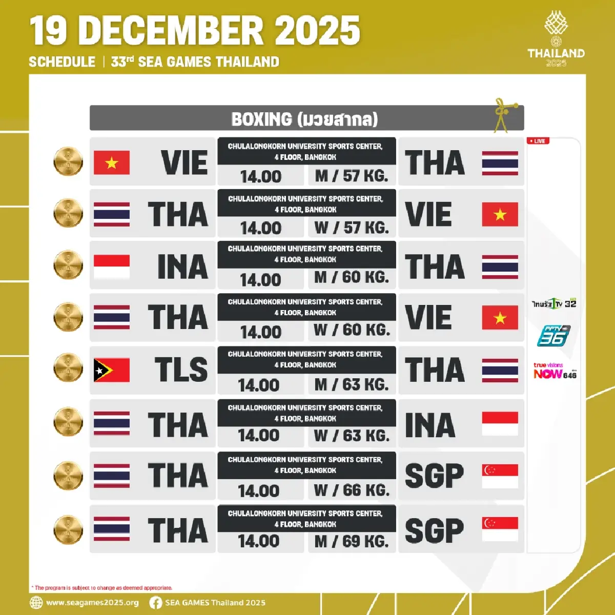 สรุปเหรียญทองซีเกมส์ 2025 (19 ธ.ค.68) โปรแกรมแข่ง SEA Games 2025