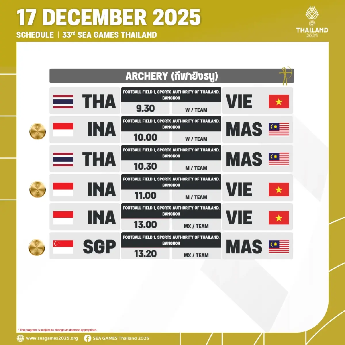 สรุปเหรียญทองซีเกมส์ 2025 (17 ธ.ค.68) โปรแกรมแข่งวันนี้ SEA Games
