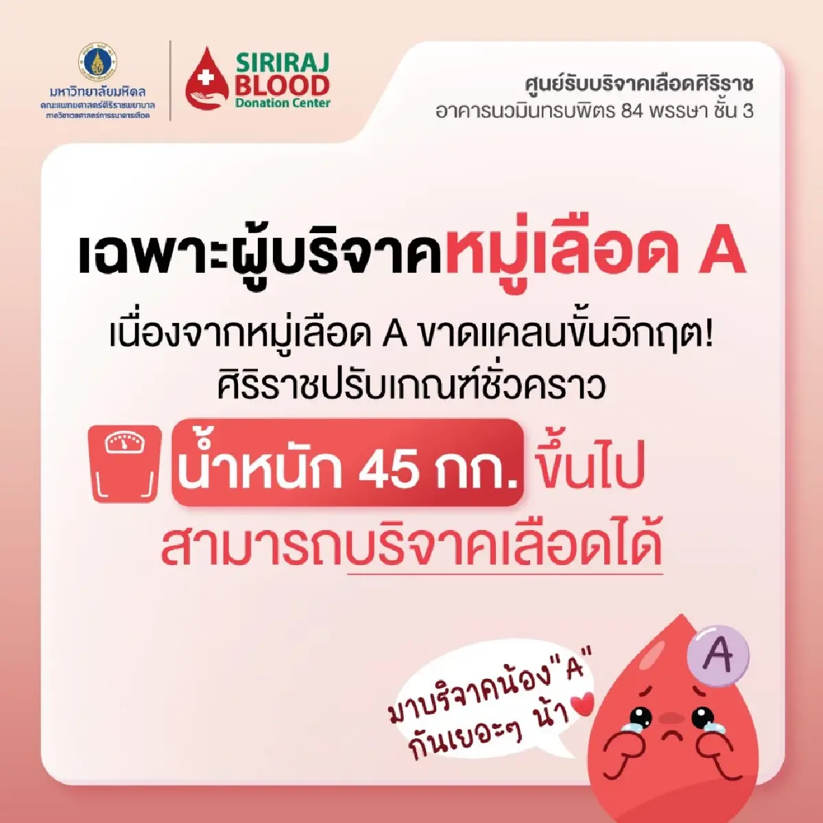 รับบริจาคเลือด 2569 ศิริราช เลือดกรุ๊ป A ขาดแคลน น้ำหนัก 45 บริจาคได้