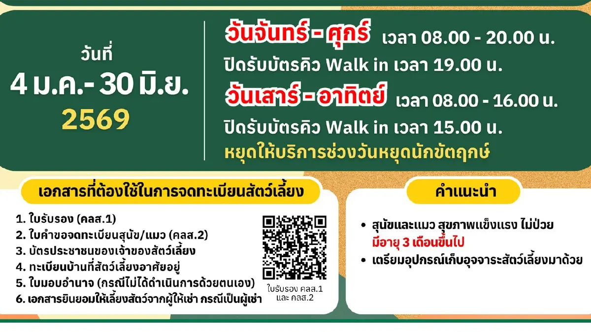 จองคิว ฝังชิป-จดทะเบียน ‘สุนัข-แมว’ กทม. ฟรี! ผ่านแอป QueQ วันนี้-30 มิ.ย. 69