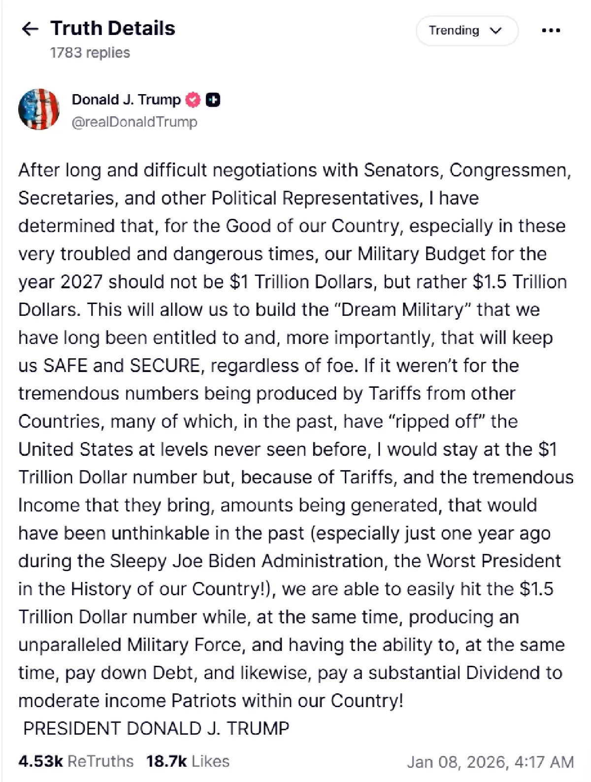 ทรัมป์ปลื้มนำเงินภาษีนำเข้าเพิ่มงบกลาโหม สร้างกองทัพในฝัน