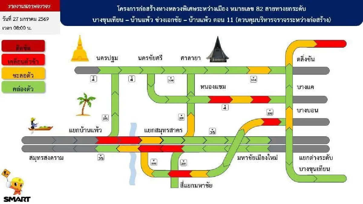 ผู้ใช้ทาง ดูเส้นทางใหม่ พระราม 2 เครนถล่ม ขาออกรถติด ขาเข้าชะลอตัว