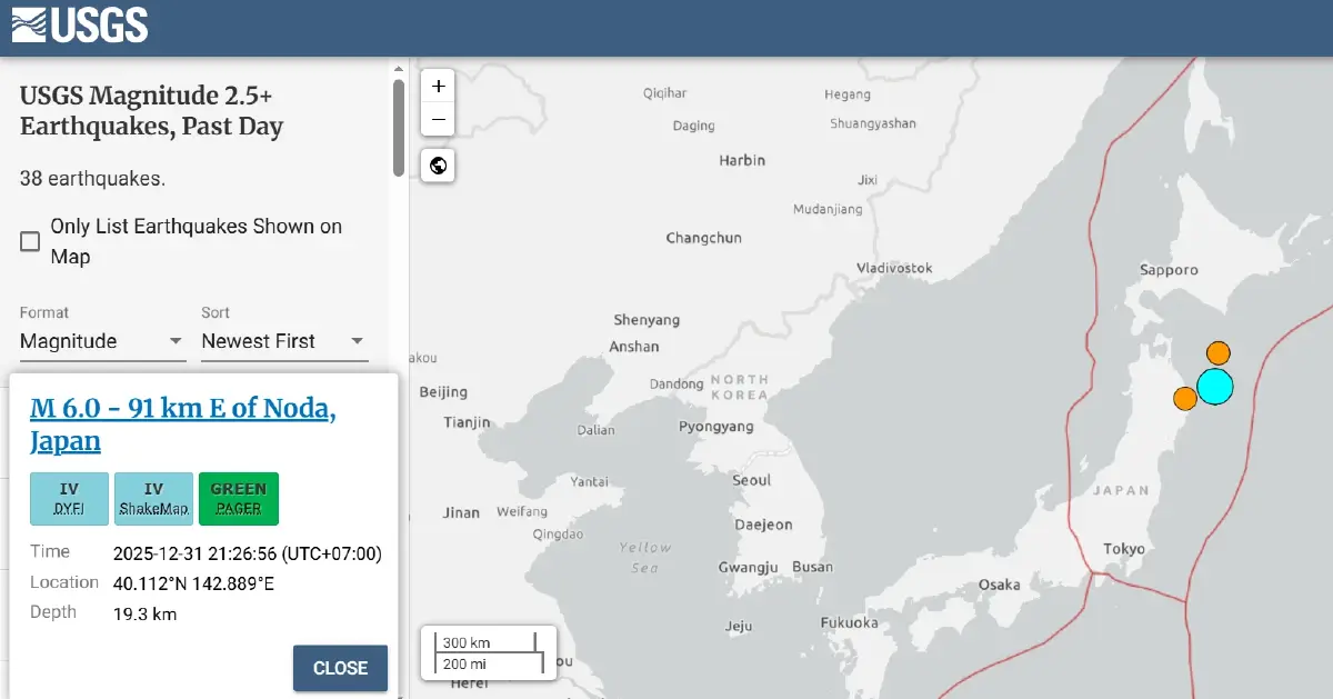 แผ่นดินไหวญี่ปุ่น 6.0 ส่งท้ายปี 31 ธ.ค. เขย่าชายฝั่งทางตะวันออก