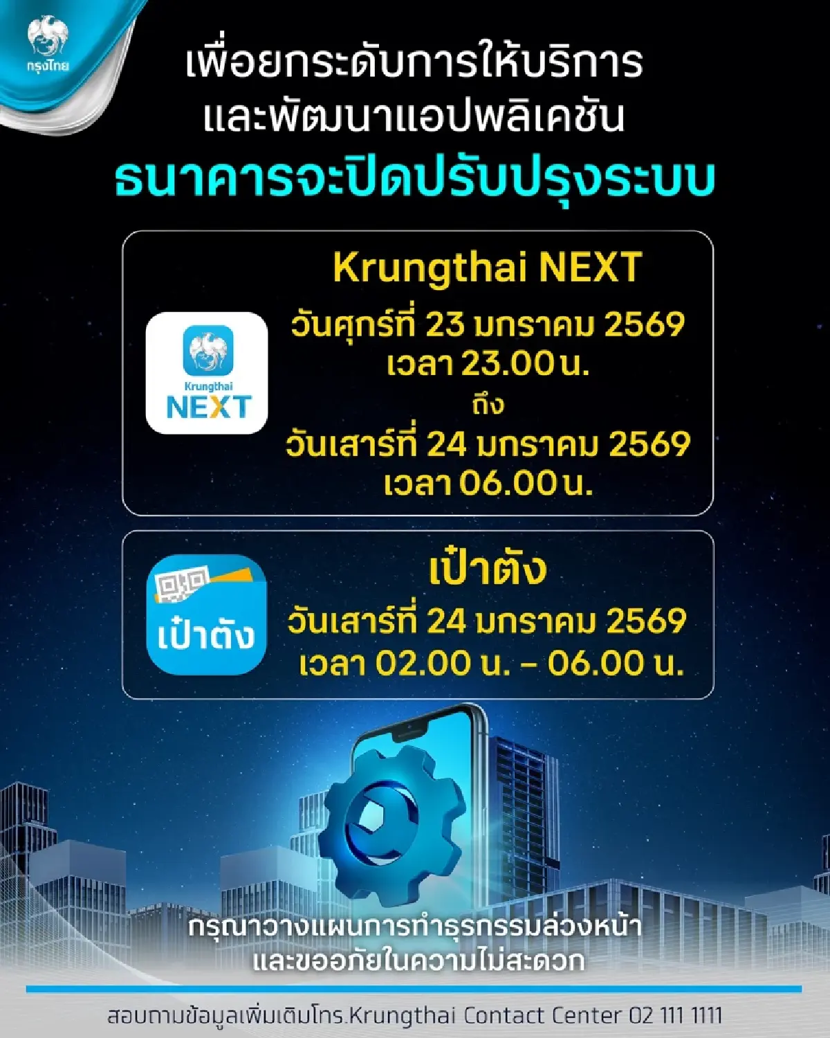 กรุงไทย ปิดระบบ Krungthai NEXT - เป๋าตัง ใช้ไม่ได้ 7 ชั่วโมง