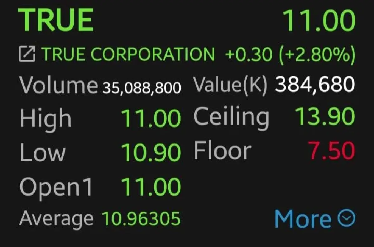 หุ้น TRUE ส่งสัญญาณรีบาวด์ 2.80% หลังปัจจัยลบผู้ถือหุ้นคลี่คลาย โบรกยังแนะ 'ซื้อ' เป้า 14.70 บาท