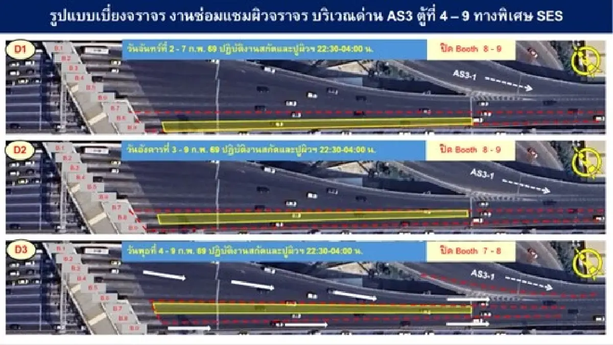 เช็ก! BEM แจ้งเบี่ยงจราจร ด่านอโศก 3 ทางพิเศษศรีรัช 2-14 ก.พ. 69 ซ่อมแซมผิวจราจร