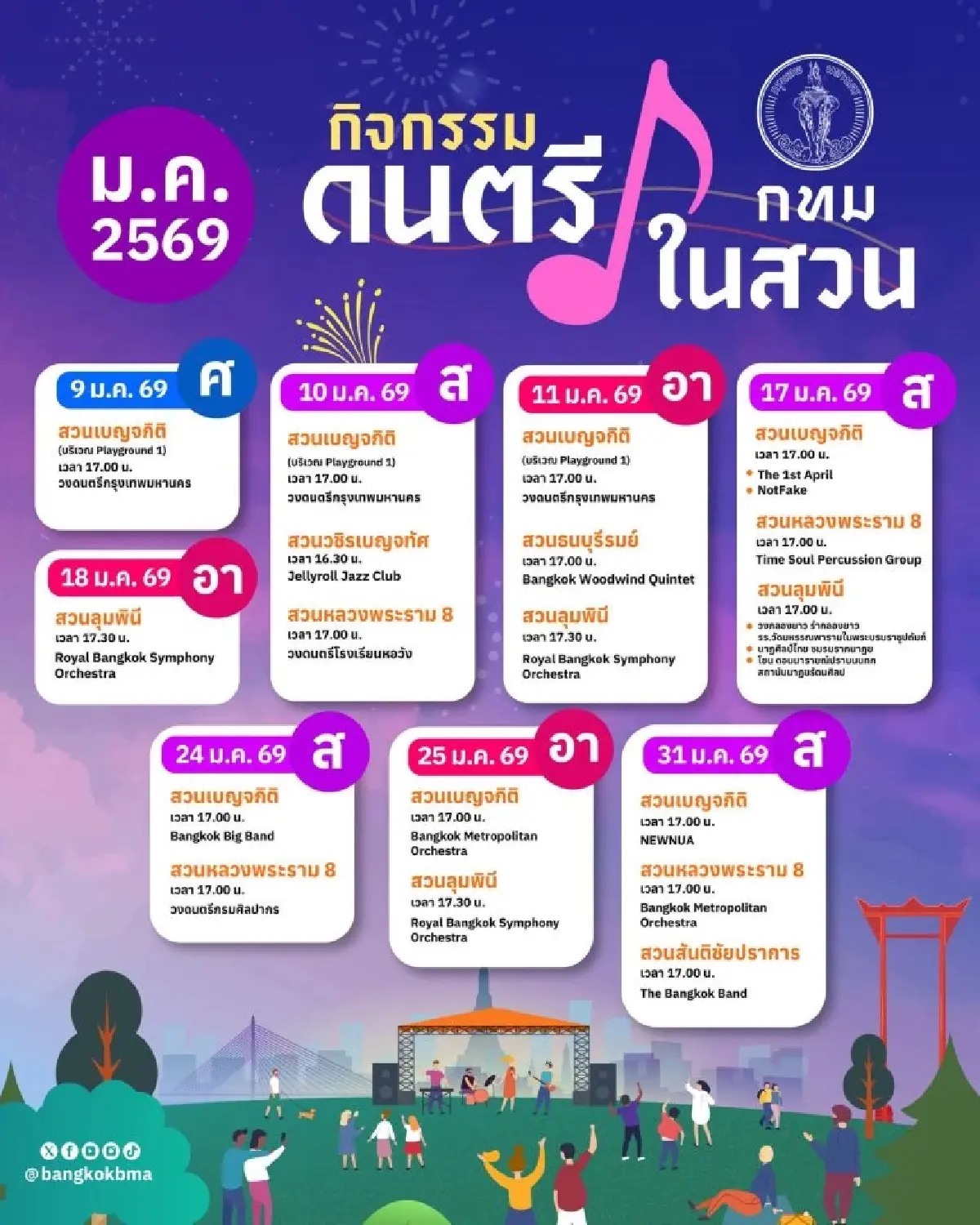 กรุงเทพมหานคร จัดฟรีคอนเสิร์ต ดนตรีในสวน มกราคม 2569 รวมศิลปินดัง
