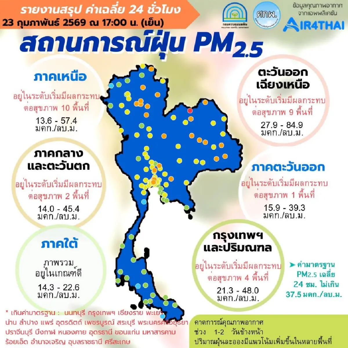 ค่าฝุ่น PM2.5 ล่าสุด ภาคอีสาน-เหนือ พุ่ง - กทม. เกินมาตรฐาน 4 พื้นที่