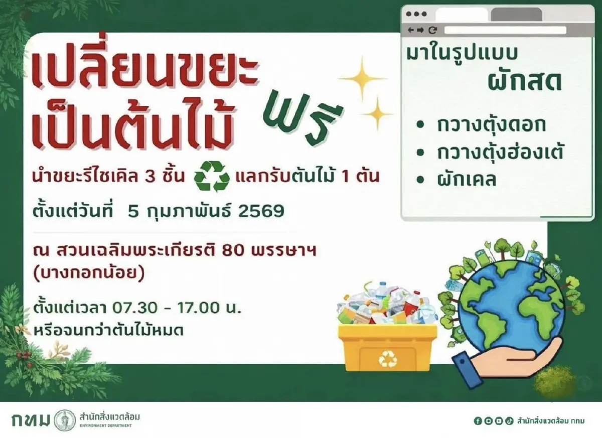 กทม. 'เปลี่ยนขยะเป็นต้นไม้' นำขยะรีไซเคิล 3 ชิ้น แลกรับต้นไม้ 1 ต้นฟรี