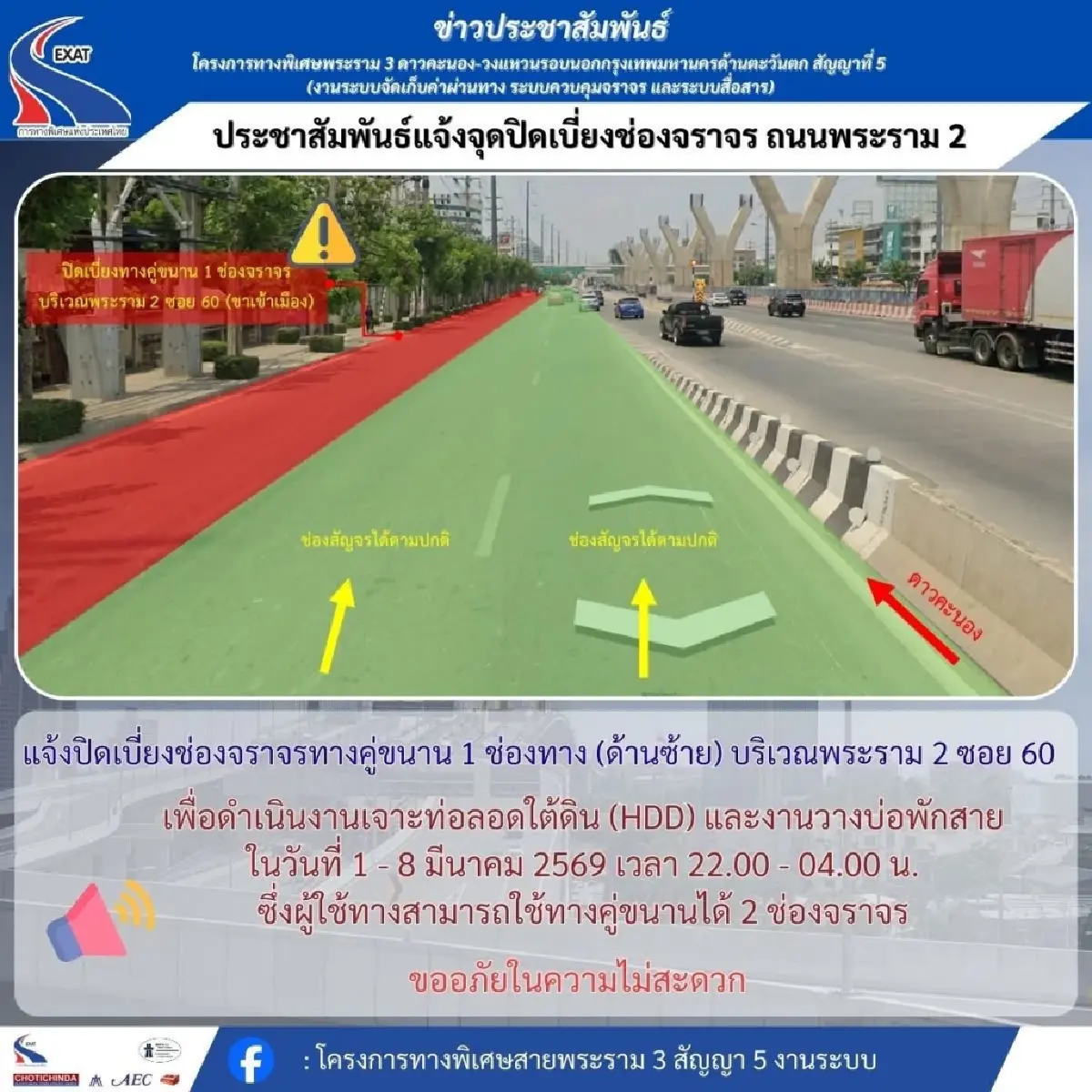 เช็ก! แจ้งปิดเบี่ยงจราจร ถนนพระราม 2 ช่วงซอย 60 ซอย 70 เจาะท่อลอดใต้ดิน 1-8 มี.ค.