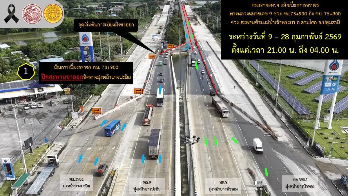 ปิดยาวทั้งเดือน ปิดเบี่ยงจราจรทางหลวงหมายเลข 9 ช่วงสามโคก ปทุมธานี