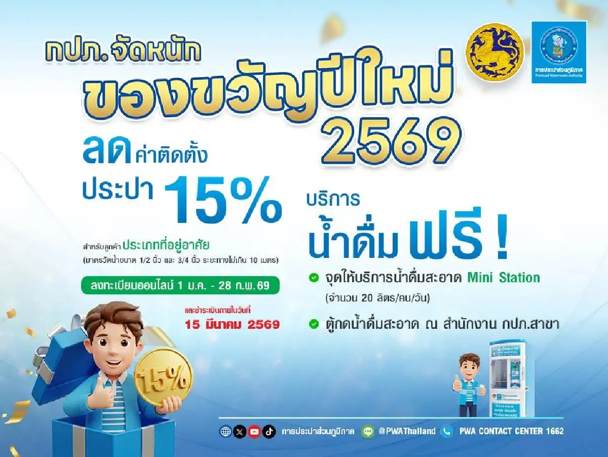 กปภ. ลดค่าติดตั้งประปารายใหม่ 15% ประชาชนลงทะเบียนร่วมโครงการได้ถึง 28 ก.พ. นี้