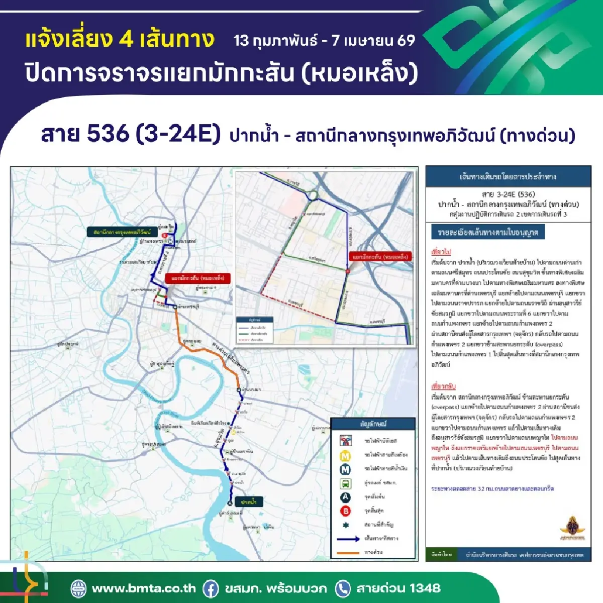 เช็ก! ขสมก. ปรับ 4 เส้นทาง เลี่ยงก่อสร้างรถไฟฟ้าสายสีส้ม แยกมักกะสัน 13 ก.พ. - 7 เม.ย.