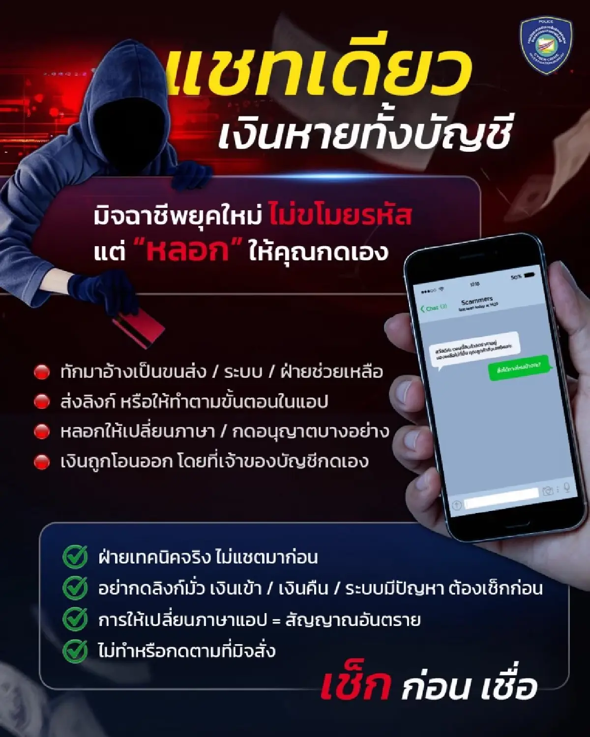 เช็กด่วน แชทเดียวเงินหายเกลี้ยง! มิจฯไม่ขโมยรหัส หลอกให้คลิกเอง