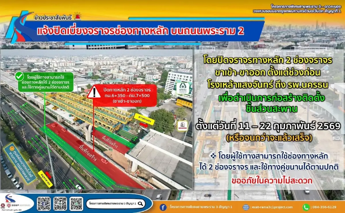 เริ่มวันนี้ ปิดเบี่ยงจราจรทางหลัก 'ถนนพระราม 2 - สะพานข้ามแยกทางต่างระดับบางขุนเทียน'