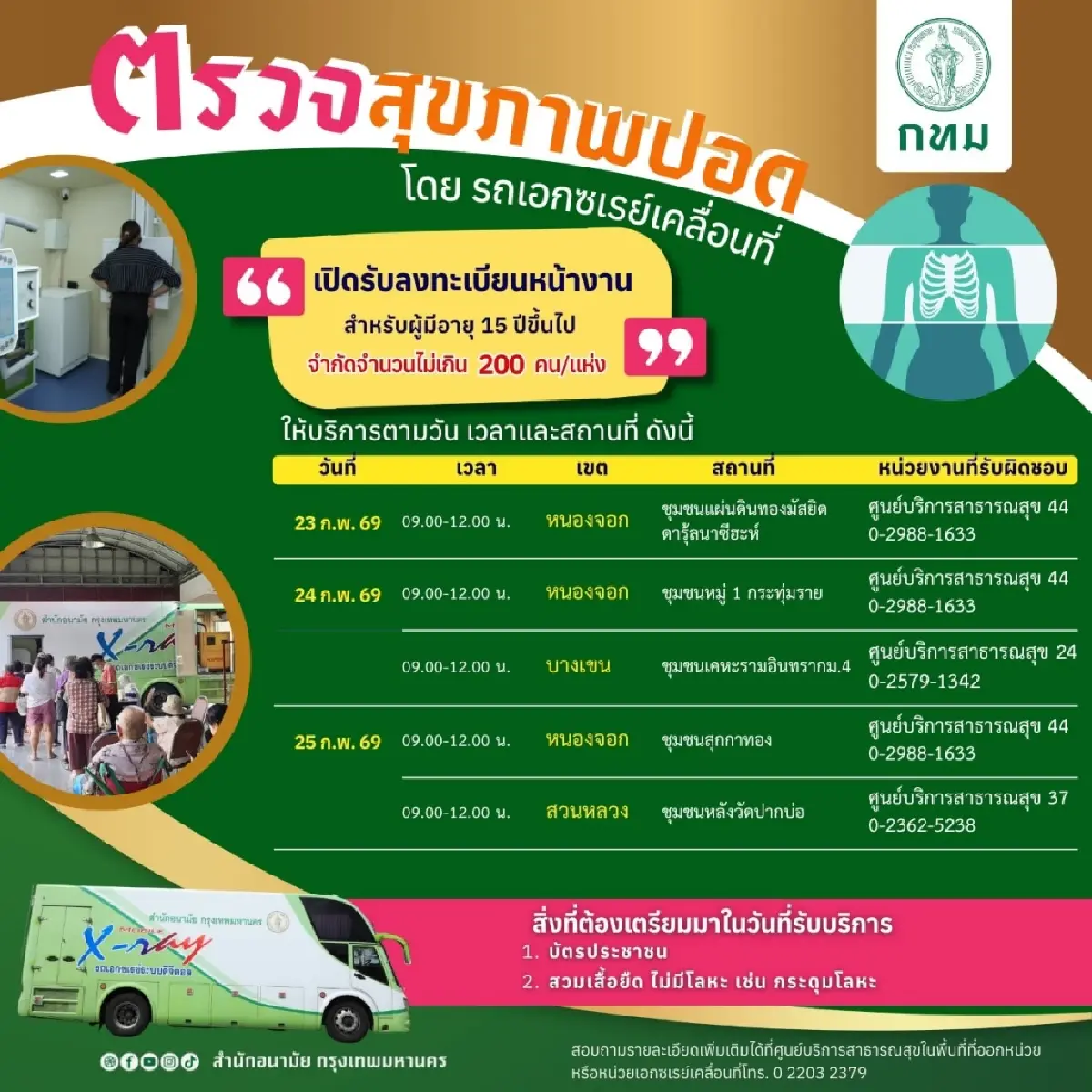 กทม. เปิดตรวจคัดกรองสุขภาพ รถเอกซเรย์ปอดเคลื่อนที่ 23–25 ก.พ 69