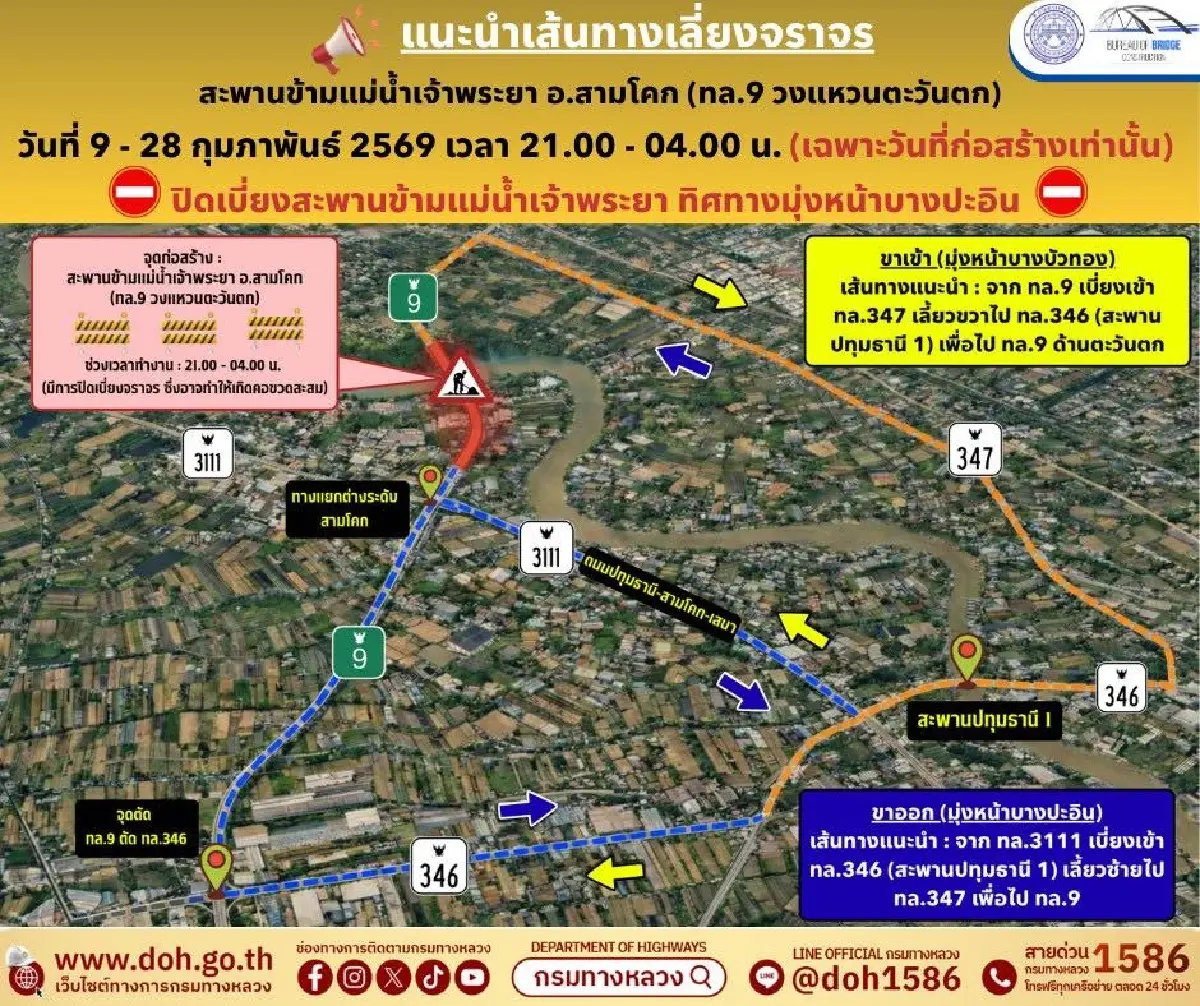 เช็กเส้นทางเลี่ยง! ปิดวงแหวนตะวันตก (ทล.9) สะพานสามโคก 9-28 ก.พ.