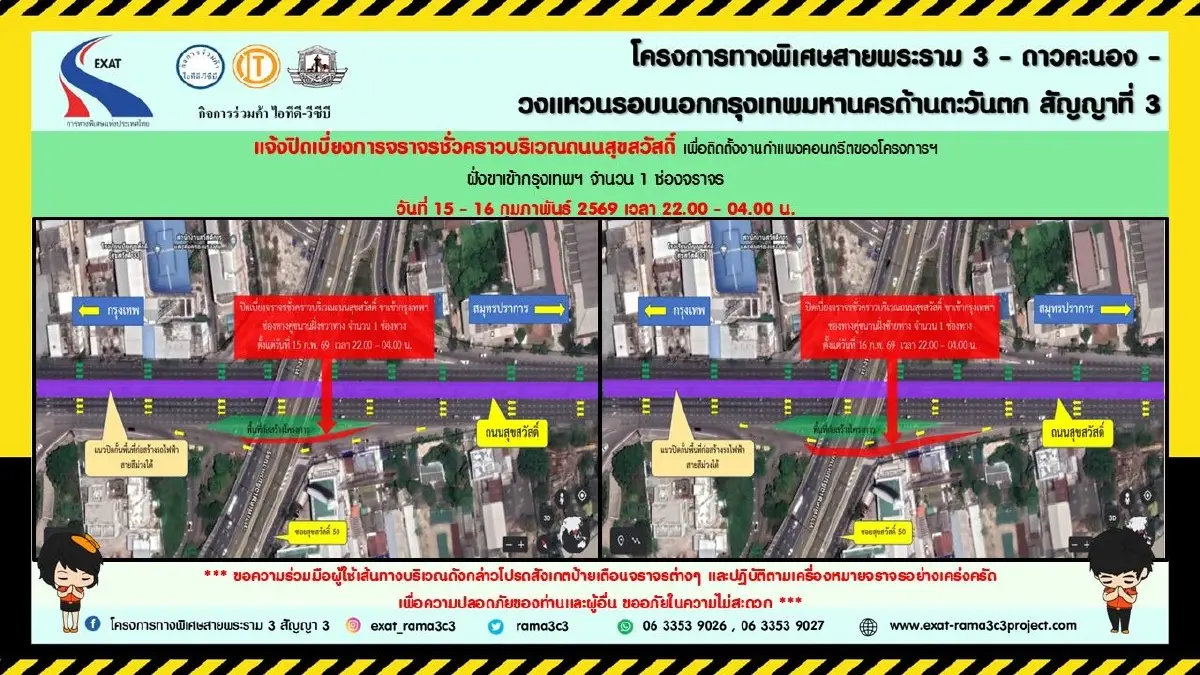 เช็กเส้นทาง ปิดถนนสุขสวัสดิ์ เบี่ยงจราจร ขาเข้ากรุงเทพฯ 1 เลน 2 วัน