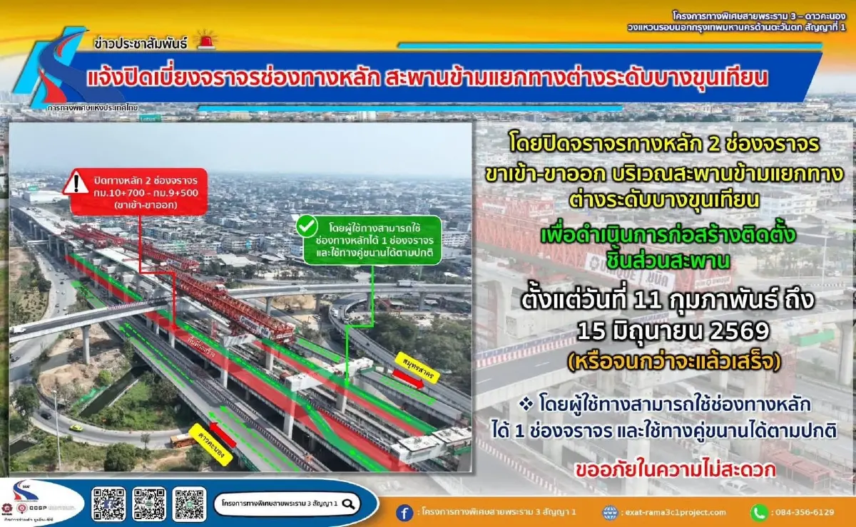 เริ่มวันนี้ ปิดเบี่ยงจราจรทางหลัก 'ถนนพระราม 2 - สะพานข้ามแยกทางต่างระดับบางขุนเทียน'