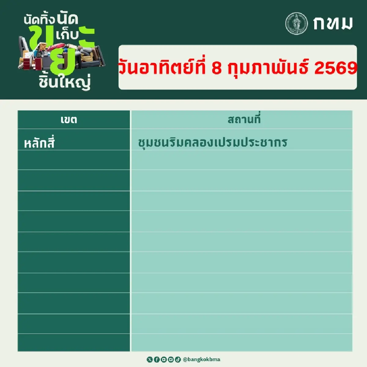 จุดบริการ กทม. นัดทิ้ง นัดเก็บ ขยะชิ้นใหญ่ 7 – 8 ก.พ. ฟรีทุกสำนักงานเขต