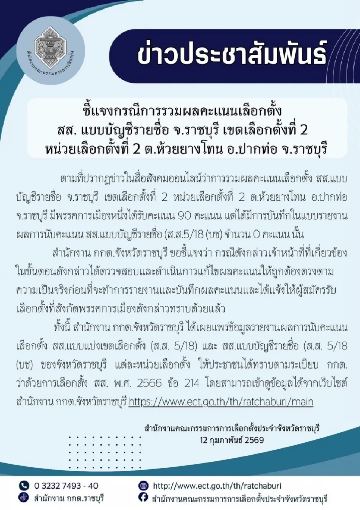 กกต.ราชบุรี แจงแก้ไขผลคะแนน ปชน.แล้ว หลังลงพลาด แจ้งผู้สมัครทราบ