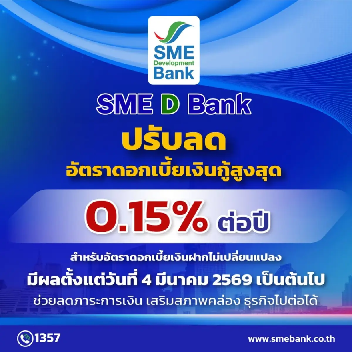 SME D Bank ปรับลดดอกเบี้ยสูงสุด 0.15% ช่วยเอสเอ็มอีเพิ่มสภาพคล่อง มีผล 4 มี.ค.นี้
