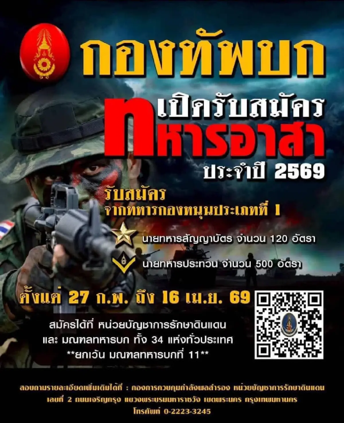 กองทัพบก เปิดรับสมัคร ‘ทหารอาสา’ ทั้งสัญญาบัตร ชั้นประทวน 620 อัตรา
