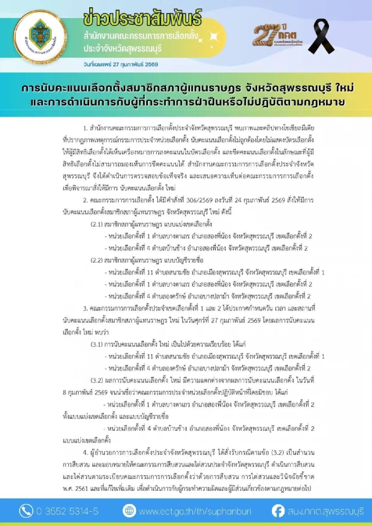 กกต.สอบเอาผิด กปน.หน่วย 1-4 เขต 2 สุพรรณฯ เชื่อปฏิบัติหน้าที่มิชอบ