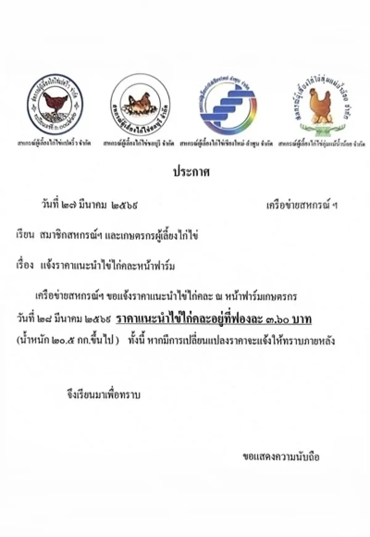 'ไข่ไก่' ขึ้นอีก เครือข่ายสหกรณ์ฯ แจ้งปรับราคาขึ้นแผงละ 6 บาท มีผล 28 มี.ค.นี้
