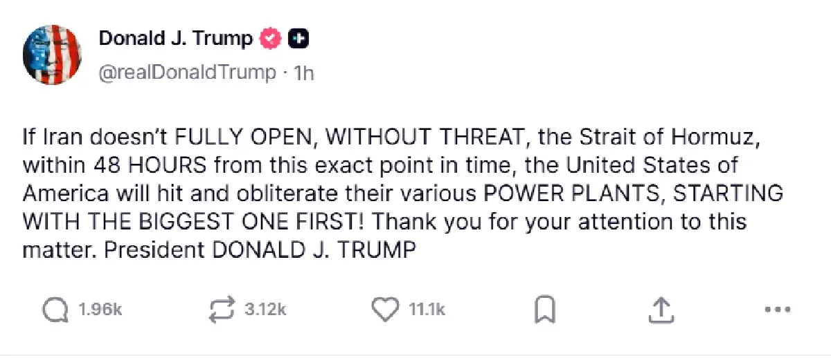 ทรัมป์ขู่โจมตีโรงไฟฟ้าอิหร่าน ถ้าไม่เปิดช่องแคบฮอร์มุซภายใน 48 ชม.
