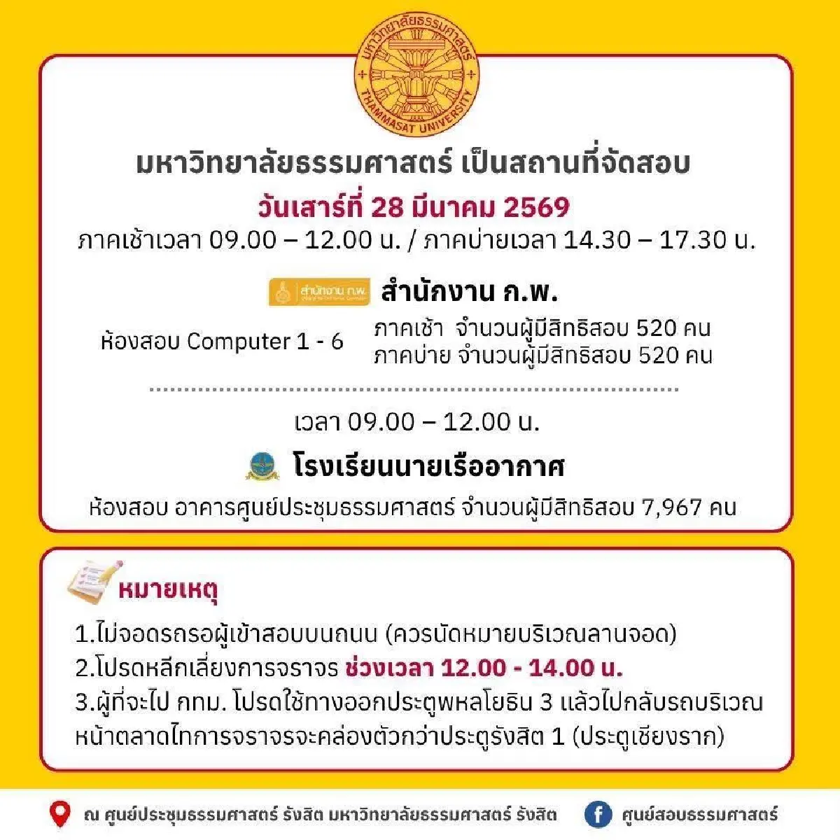 กระทบคนรังสิต เช็กเส้นทางรถติด มีสอบก.พ.69 - สอบเตรียมทหาร ที่มธ.