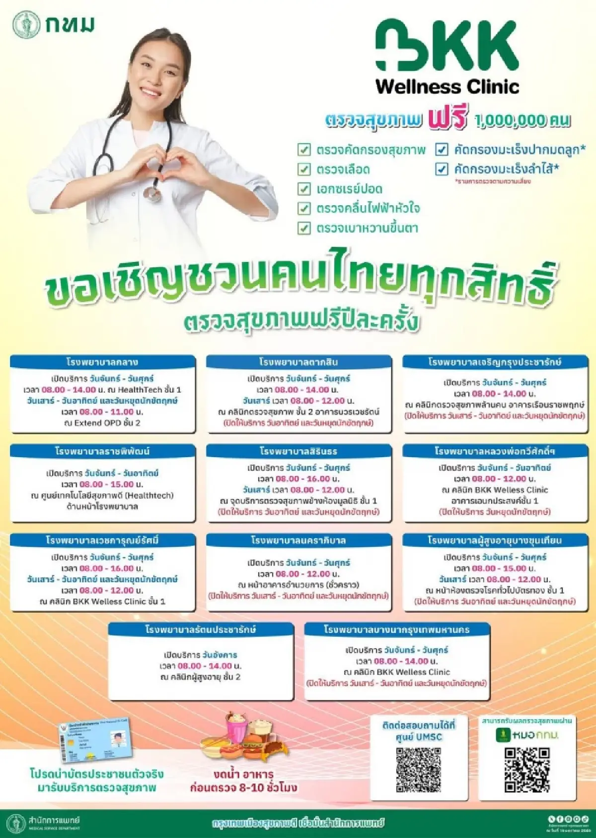 กทม. เปิดจุดตรวจสุขภาพฟรี 1 ล้านคน เช็กพิกัดตลอดเดือน มี.ค. 69