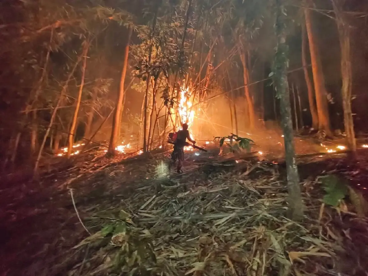 จนท.เขาแหลม ระดมกำลังดับไฟป่าสังขละบุรี-ทองผาภูมิ หลังพบ Hotspot พุ่ง 31 จุด