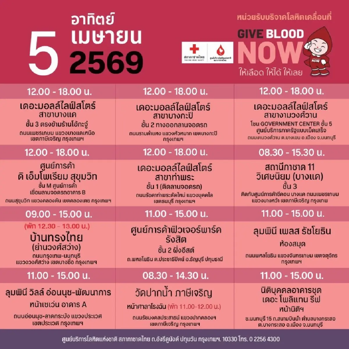 สภากาชาดไทย ออกหน่วยรับบริจาคโลหิตเคลื่อนที่ 30 มี.ค.  – 5 เม.ย.69