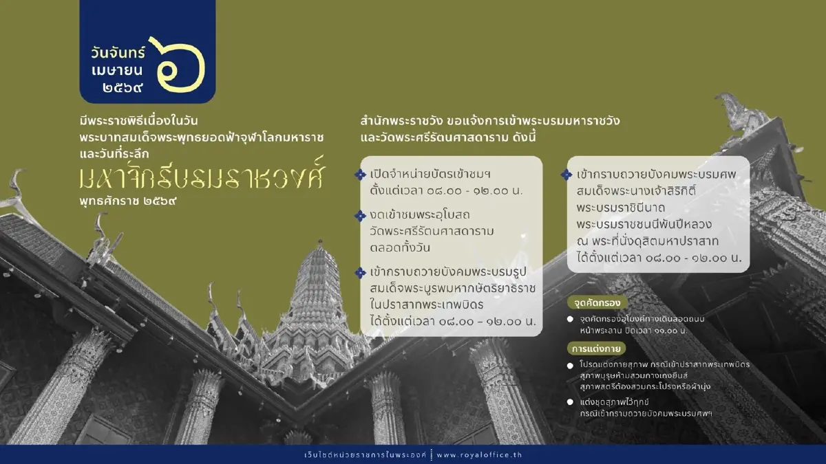 สำนักพระราชวัง แจ้งการเข้าชม พระบรมมหาราชวัง - วัดพระแก้ว ในวันที่ 6 เมษายน 2569