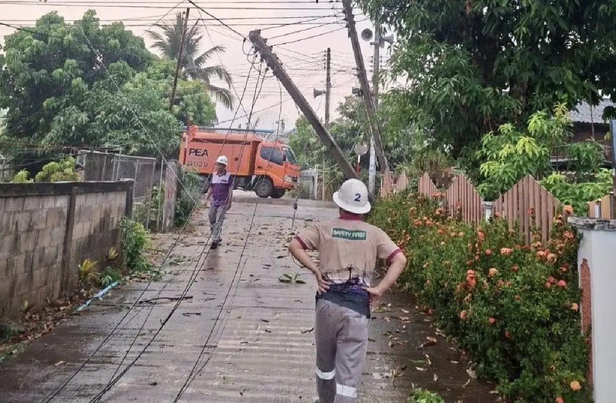 'สภาพอากาศ' พายุฤดูร้อนฝนตกลมแรงพัดถล่ม เสาไฟฟ้าล้ม PEA เร่งแก้