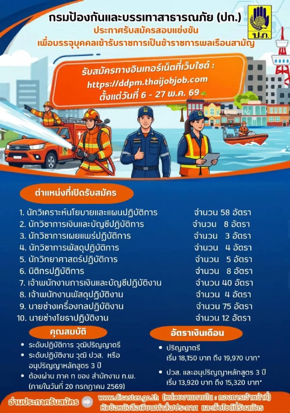 โอกาสมาแล้ว งานราชการ ปภ. เปิดสอบราชการ 217 อัตรา สมัครผ่านเว็บไซต์ 6-27 พ.ค. 69