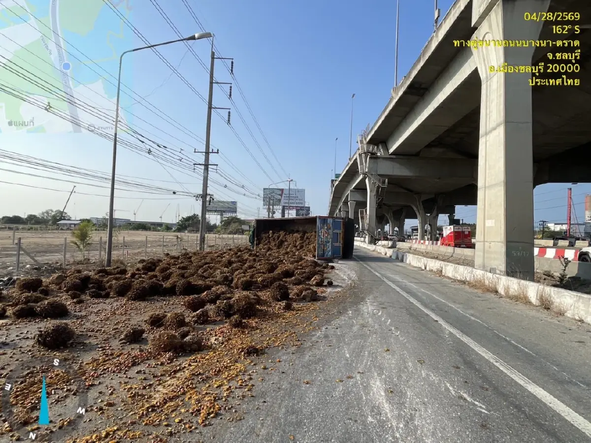 รถติดมาก ถนนบางนา-ตราด ขาออก รถยางแตก เทกระจาดขวางถนน พิกัด กม.53