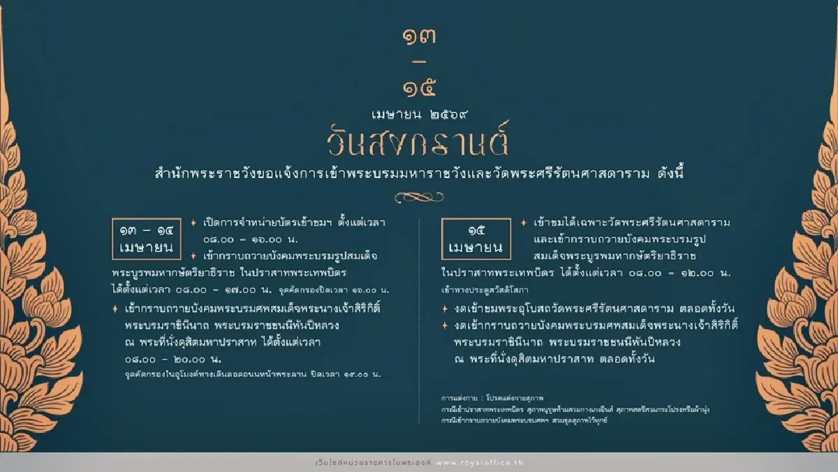 สำนักพระราชวัง แจ้งช่วงเวลาเข้าชม พระบรมมหาราชวัง วัดพระแก้ว วันสงกรานต์ 13-15 เม.ย.